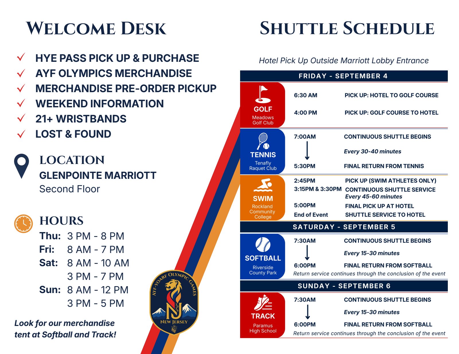 Brochure page 2. Welcome Desk services, location and hours, and the shuttle schedule for all five venues.