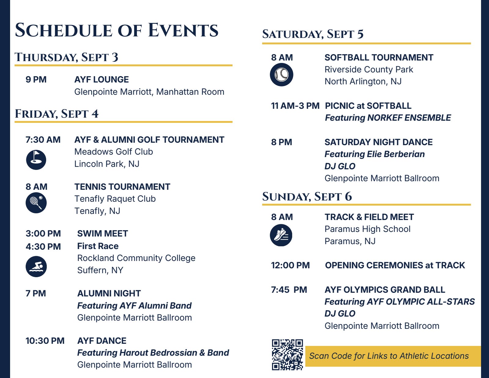 Brochure page 3. Schedule of events, Thursday through Sunday, with venues and times.