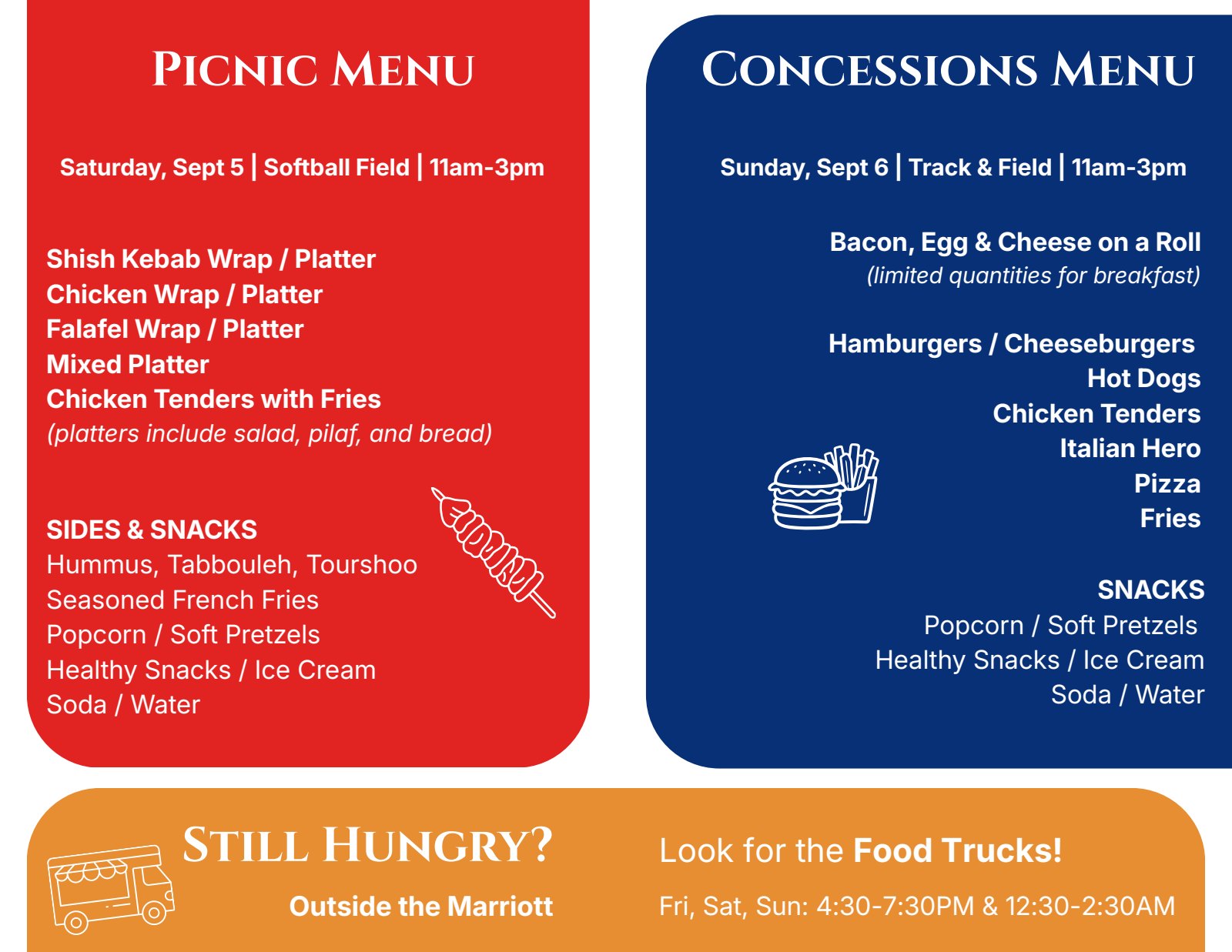 Brochure page 4. Picnic menu for Saturday at softball and concessions menu for Sunday at track.