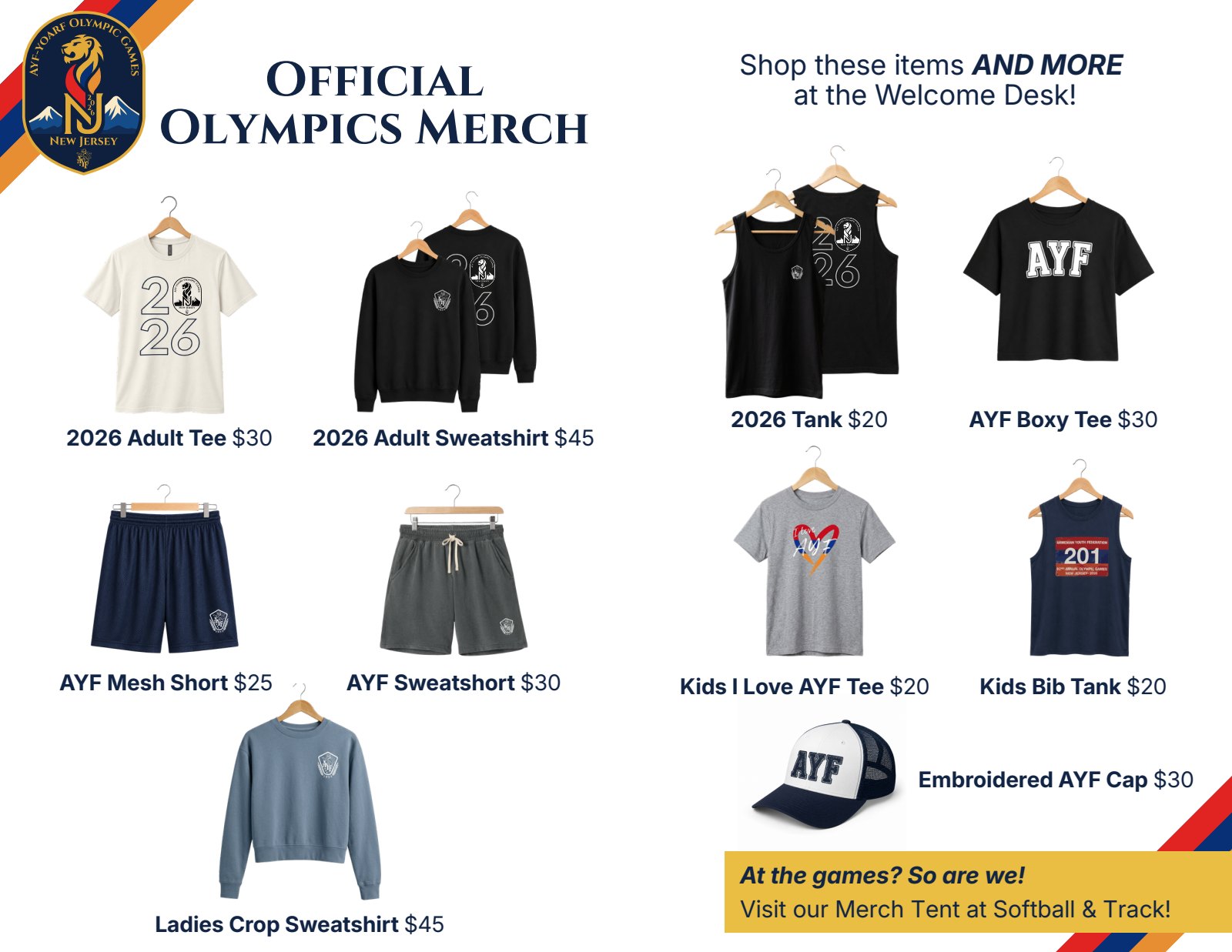 Brochure page 5. Official Olympics merch with prices, sold at the Welcome Desk and the merch tents.