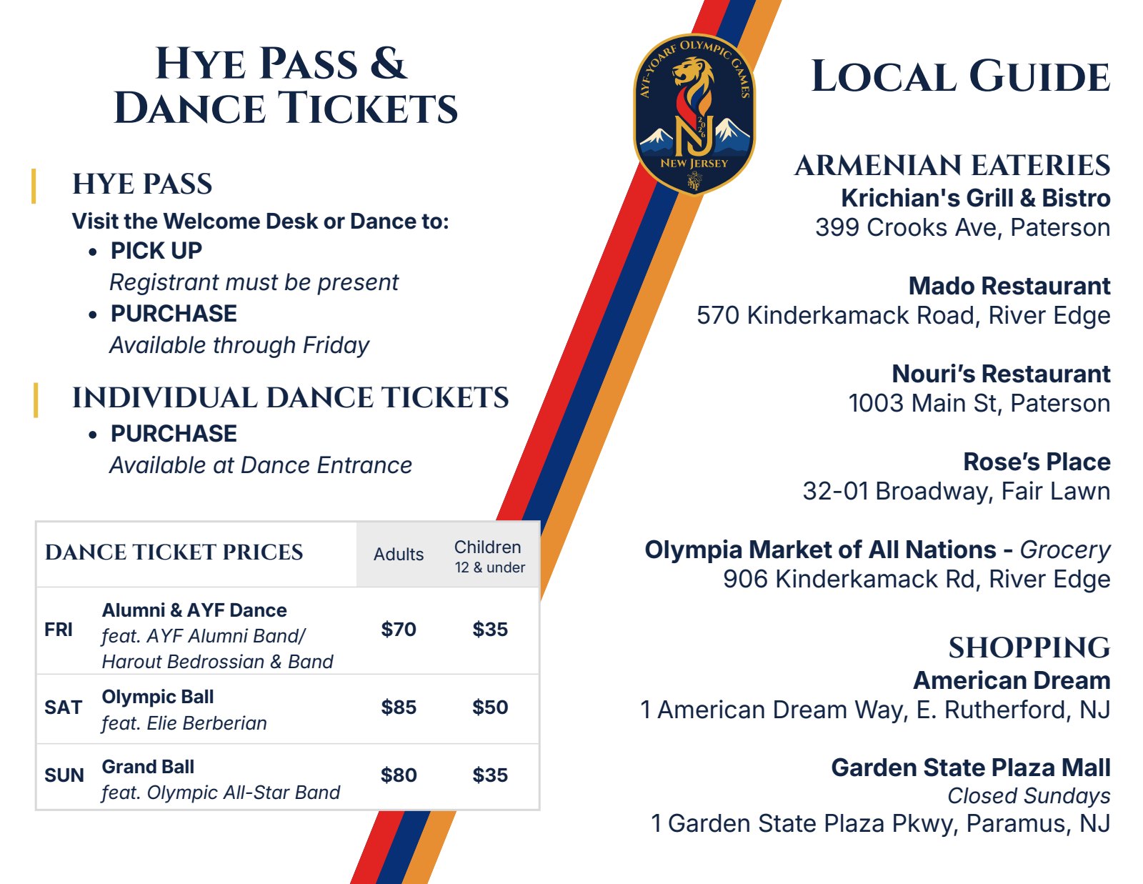 Brochure page 6. Hye Pass and dance ticket rules and prices, and the local guide of Armenian eateries and shopping.